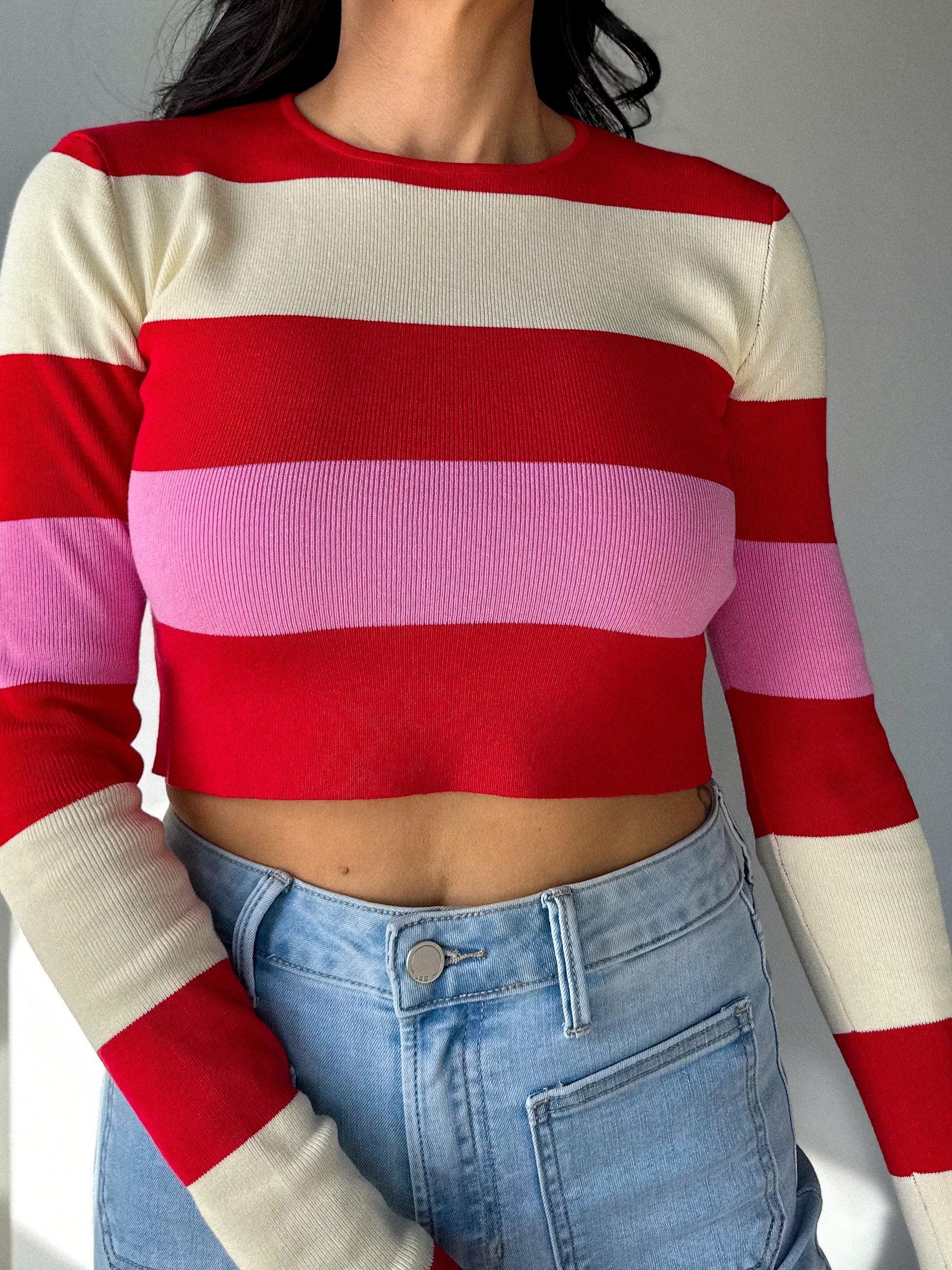 Women's valentines stripe ribbed color block long sleeve crop 