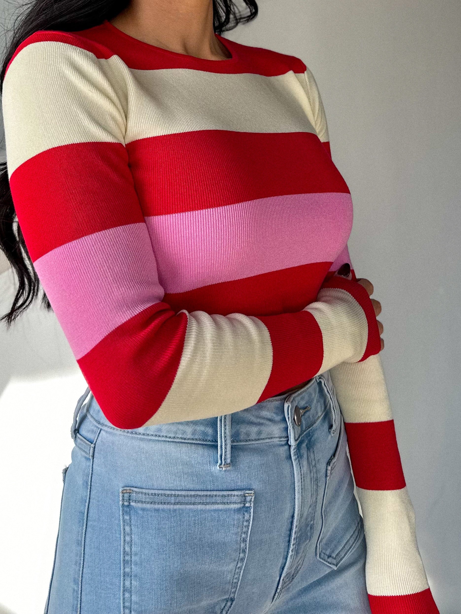 Women's valentines stripe ribbed color block long sleeve crop 