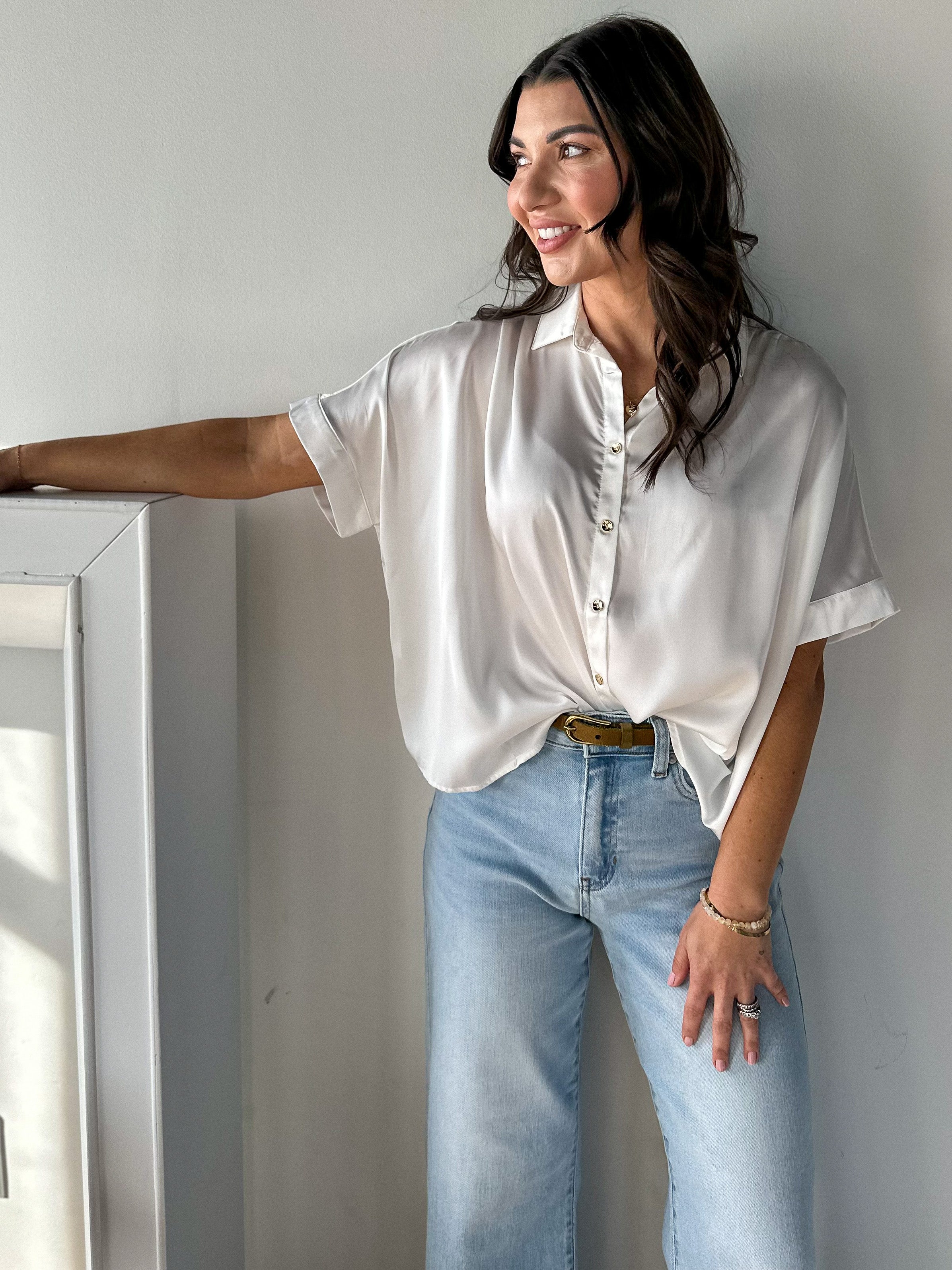 Women's dressy short sleeve button down white satin top