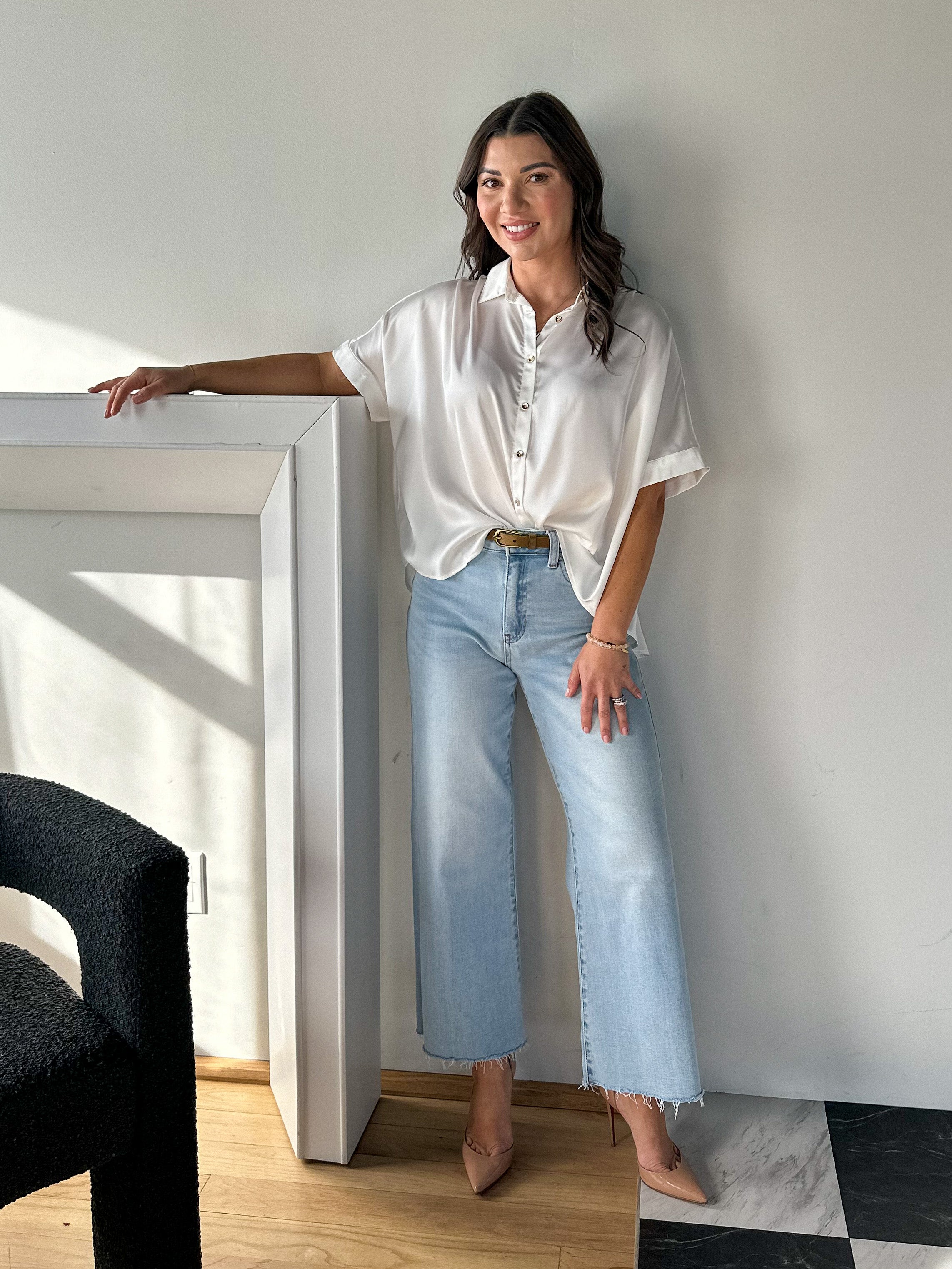 Women's dressy short sleeve button down white satin top