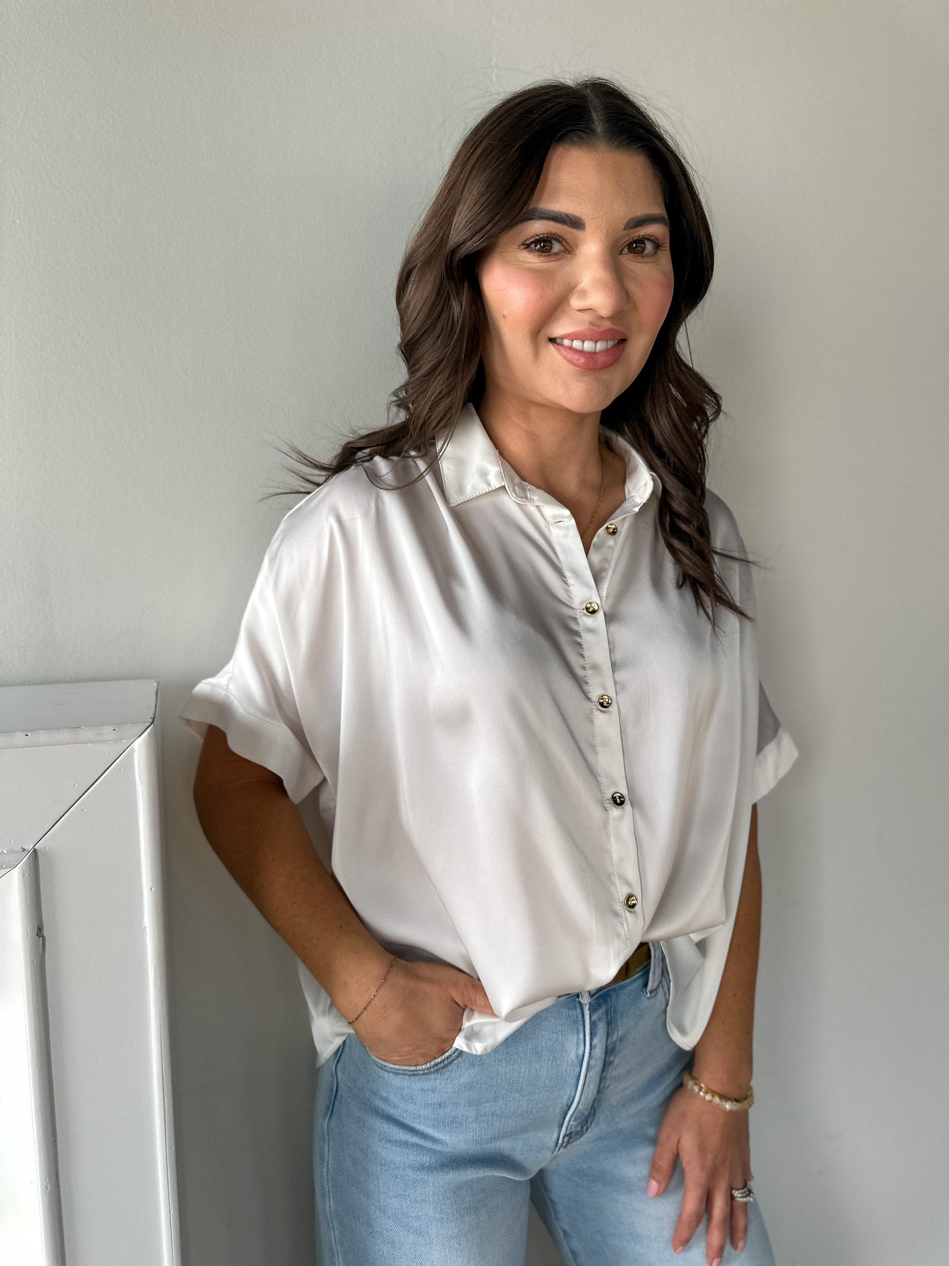 Women's dressy short sleeve button down white satin top