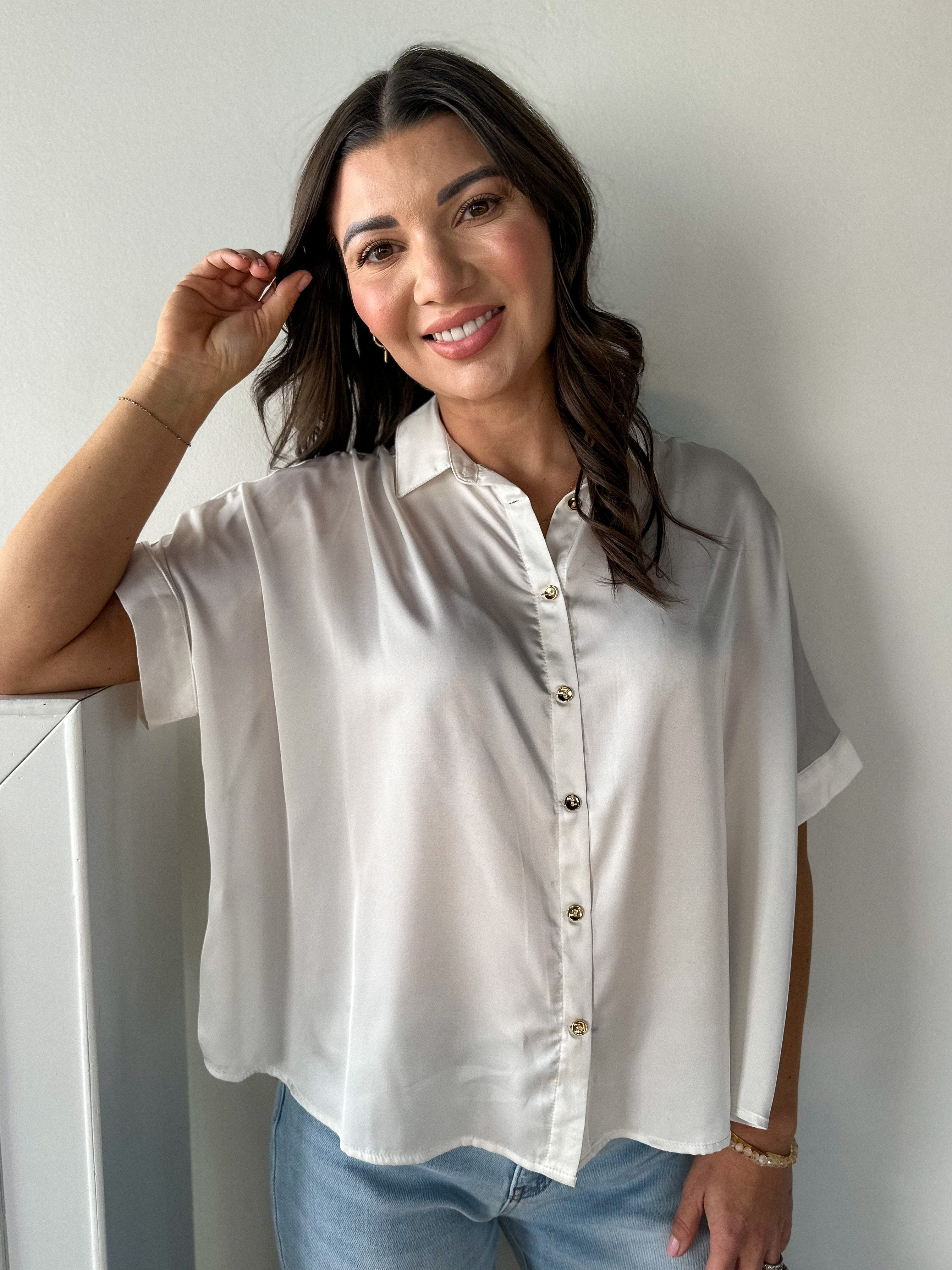Women's dressy short sleeve button down white satin top