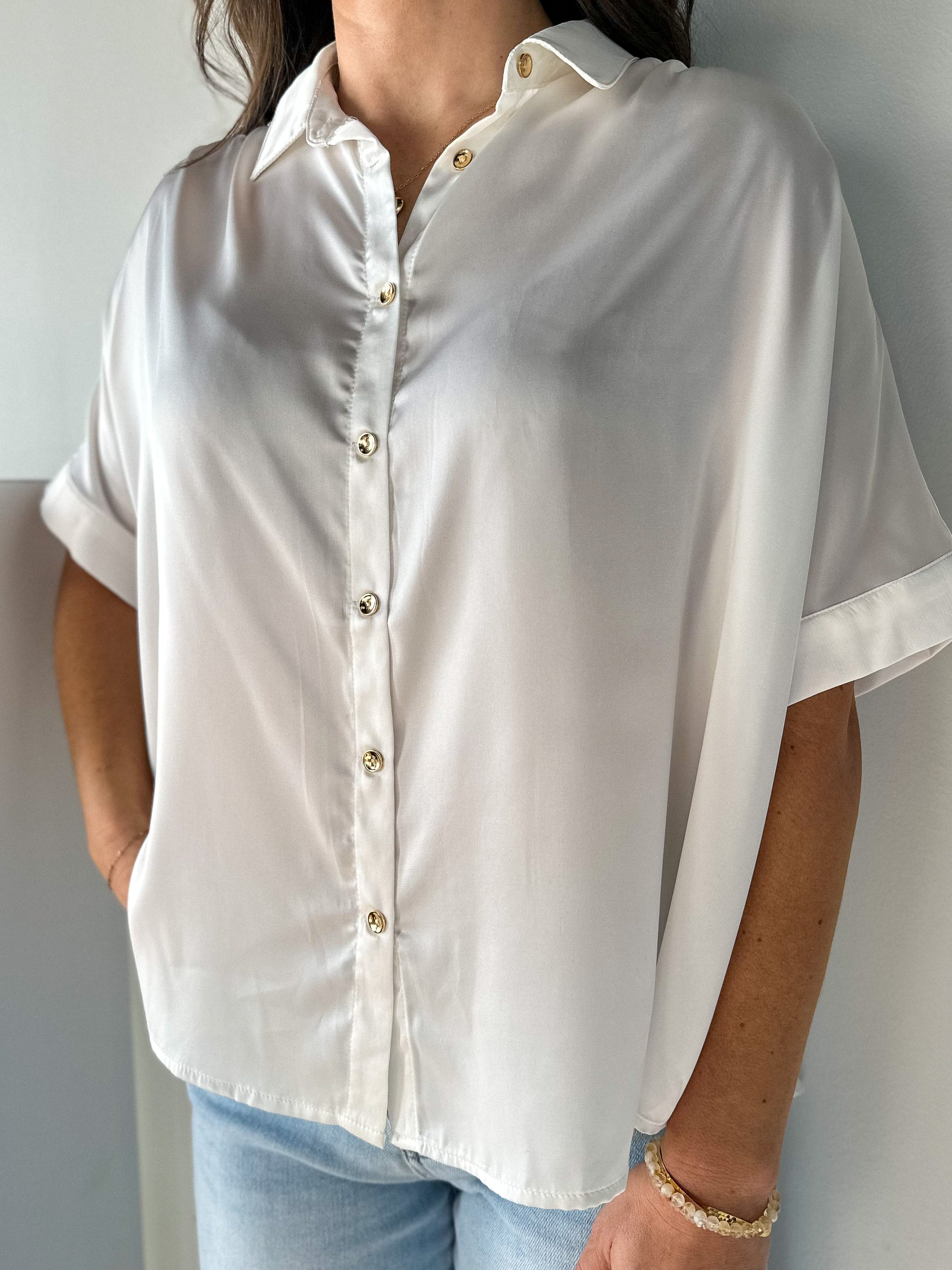 Women's dressy short sleeve button down white satin top