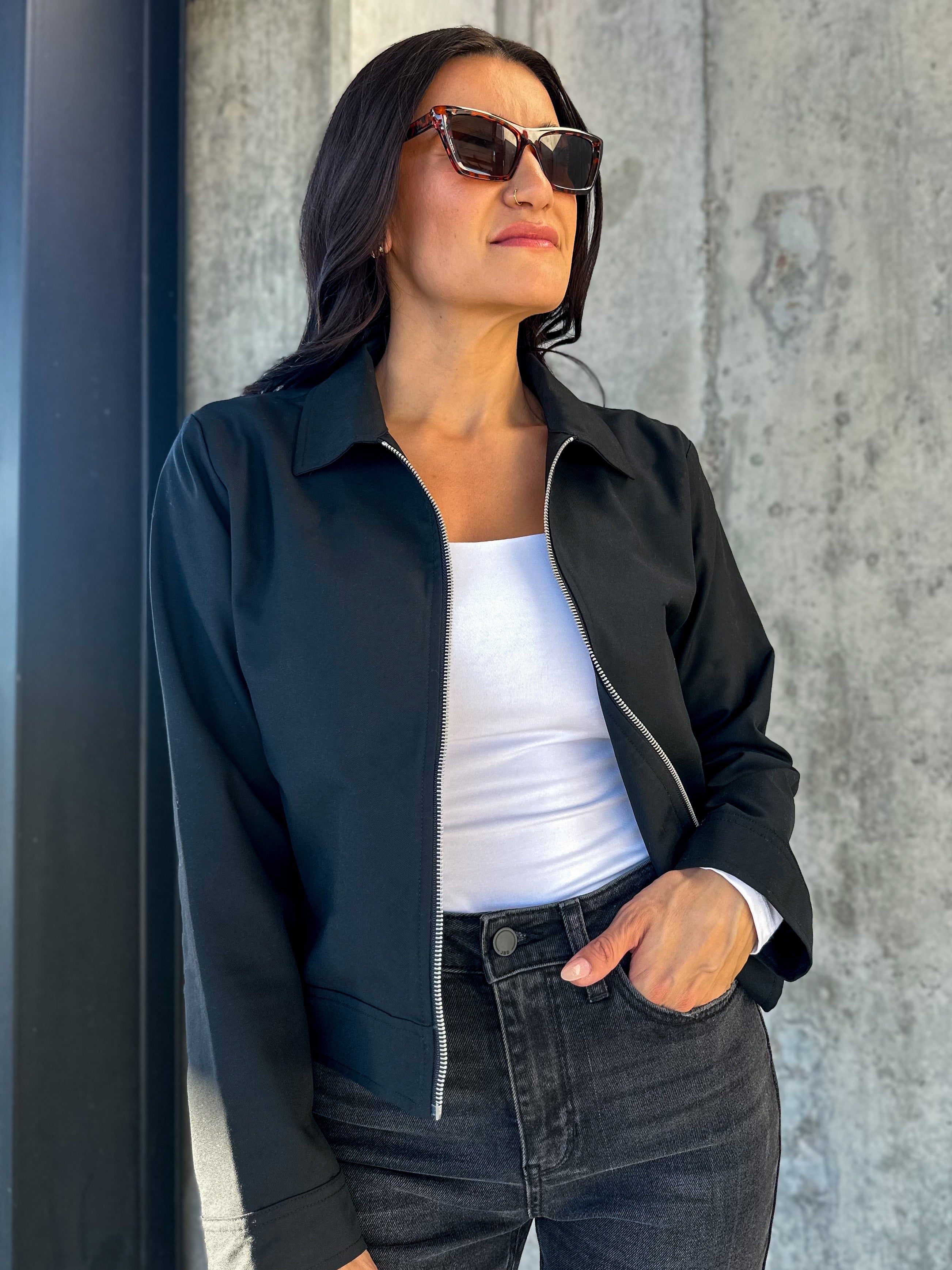 Women's everyday classy basic zip up black jacket