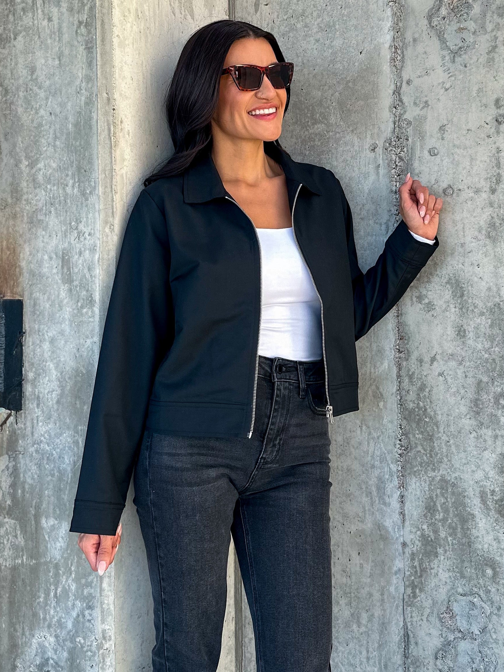 Women's everyday classy basic zip up black jacket