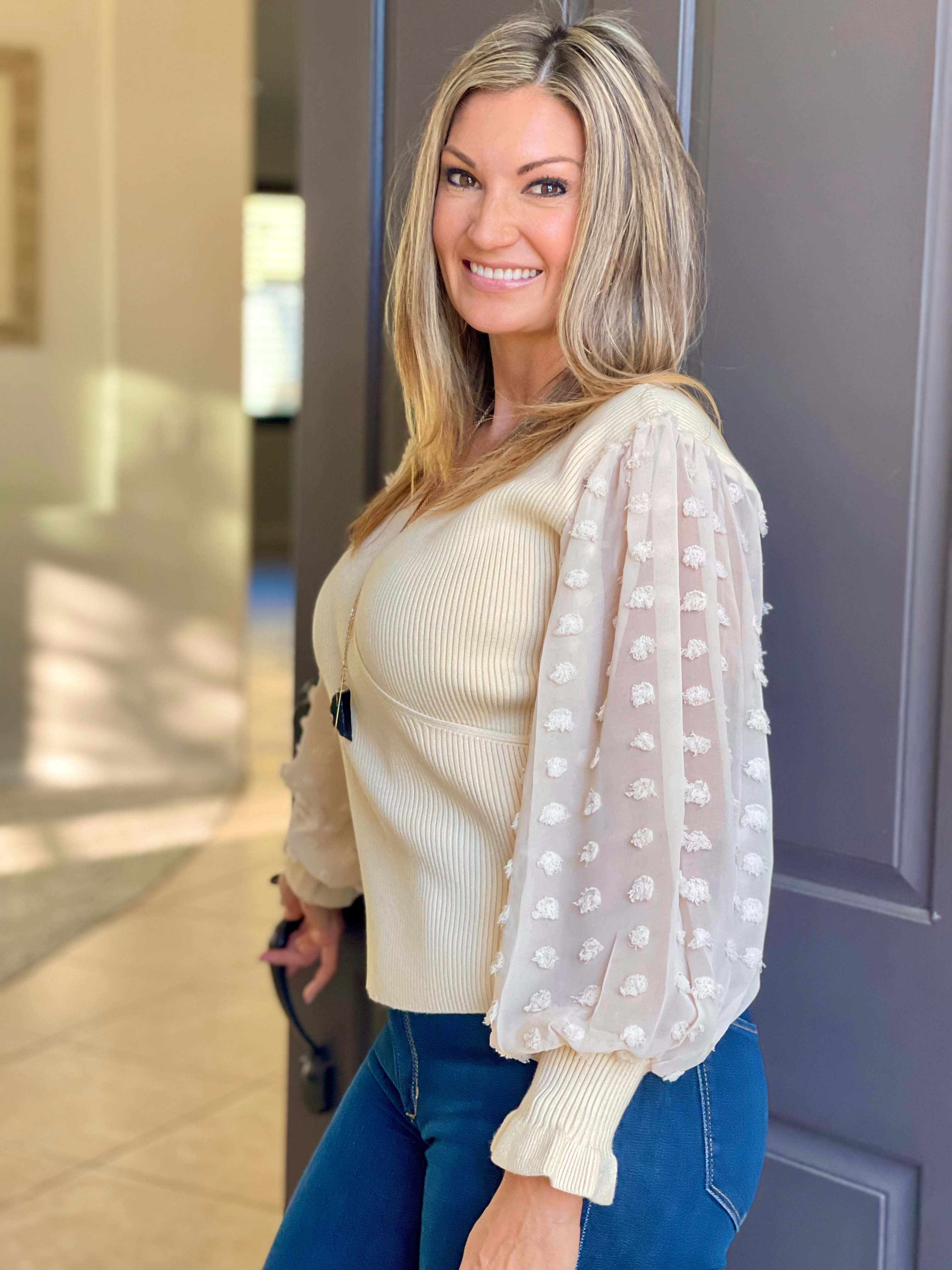Dot Sleeve Wrap Cream Sweater