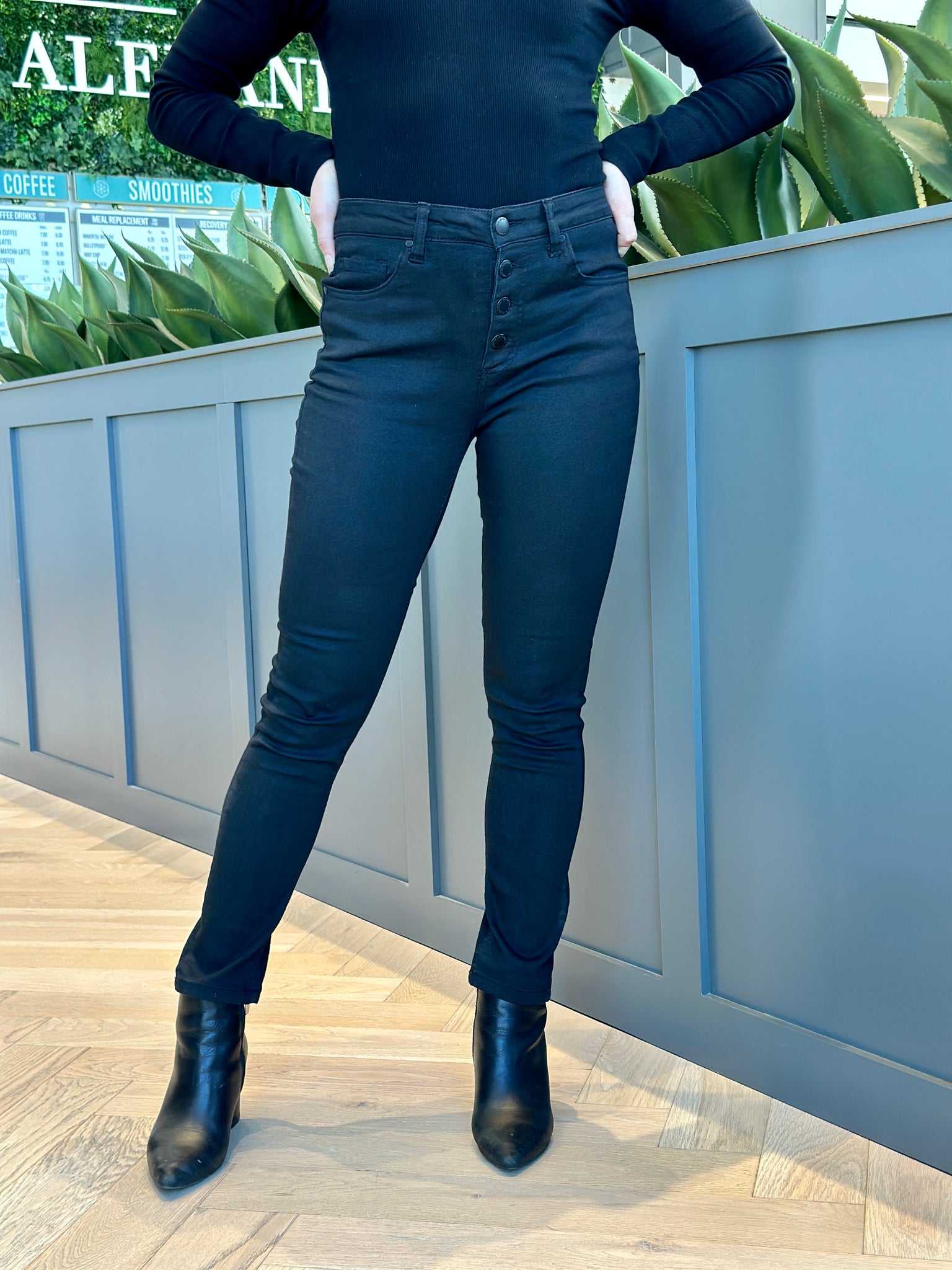 Coated Black Button Down Skinny Jeans