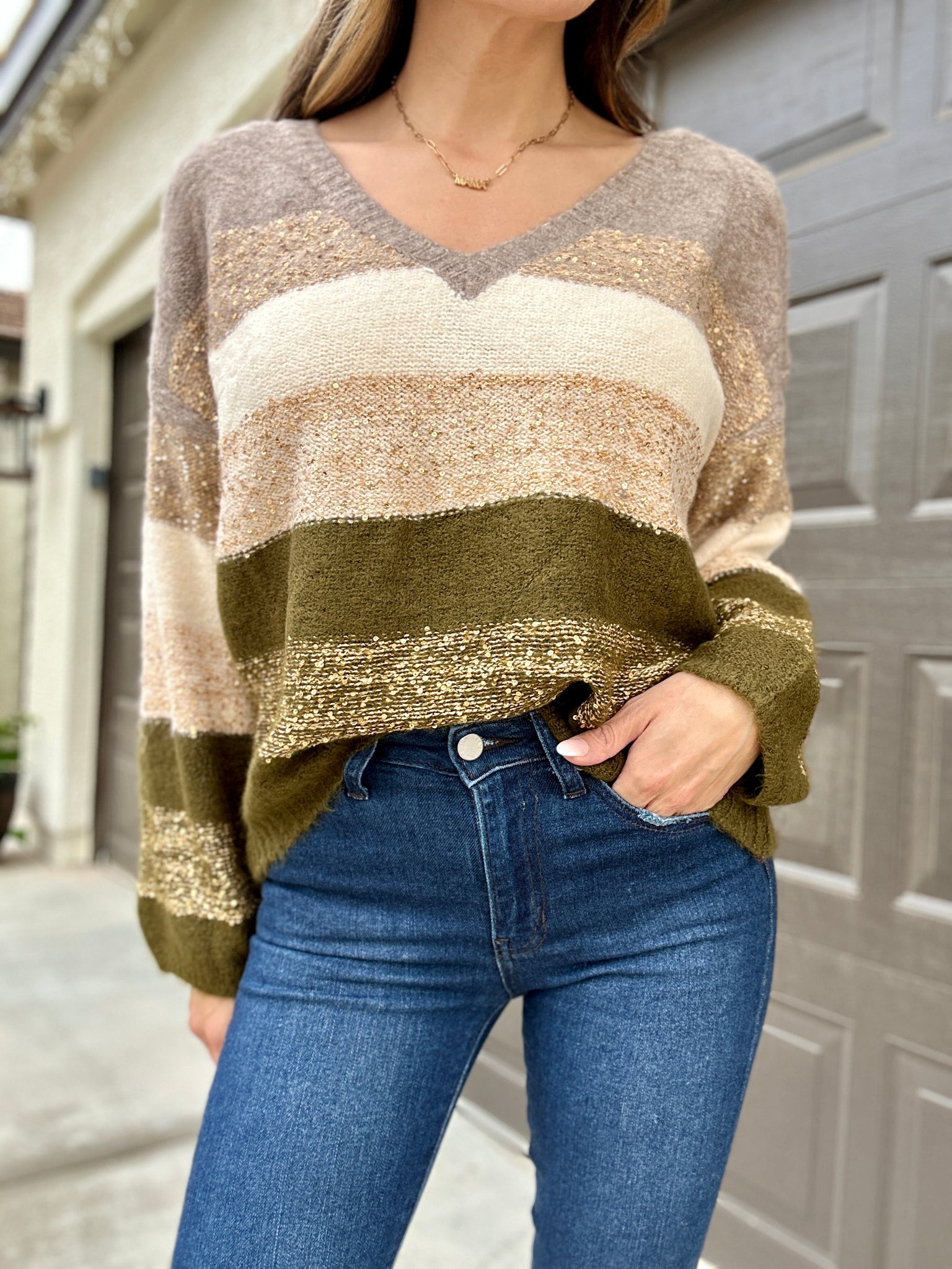 Block Stripe Sequin Sweater