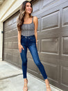 dark wash high rise skinny jeans
