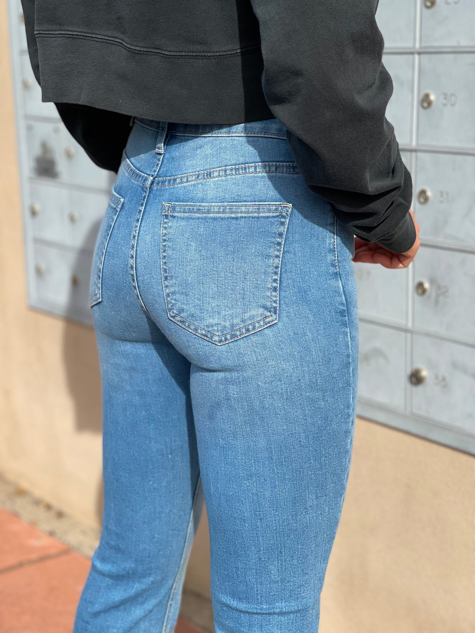 High Rise Button Down Flare Jeans - Medium Denim